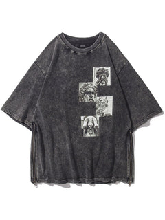 Vintage T-Shirt Streetwear Men Statues Print Distressed Zipper Tshirt Hip Hop