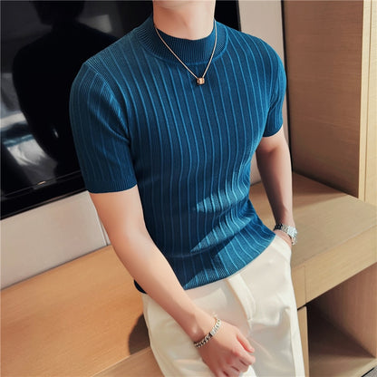 Knitted Elasticity T Shirt Men Half High Collar Short Sleeve Casual Slim Fit Sweater
