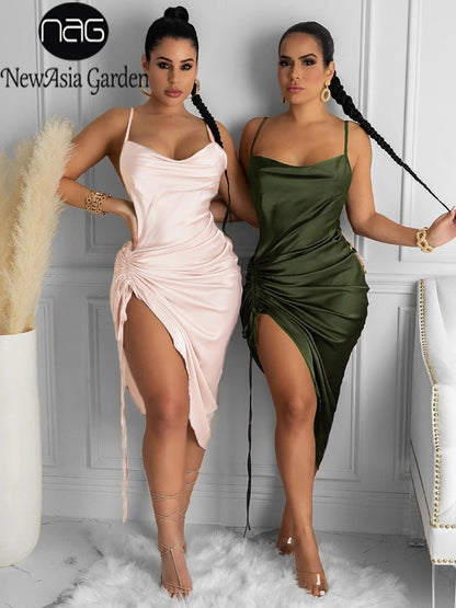 Ruched Satin Summer Dress Drawstring Spaghetti Straps Cowl Neck Backless Long Dresses for Women Party Sexy