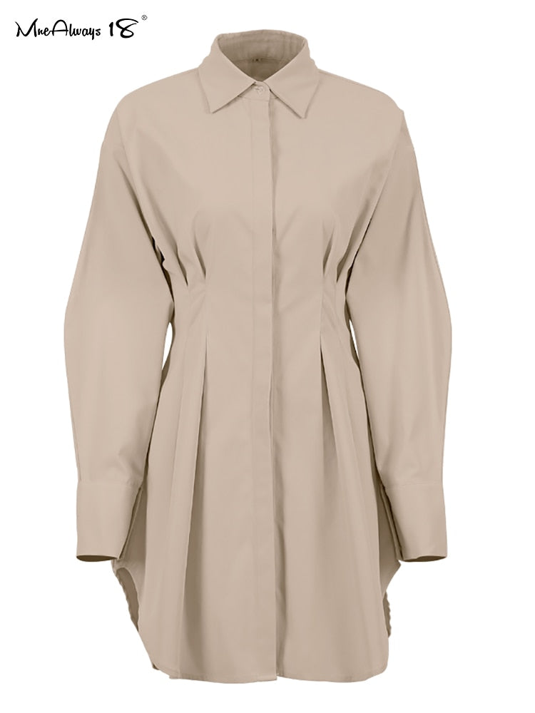 Bodycon Dress Women Khaki Long Sleeve Pleated Shirt Dress Office Ladies Solid Lapel Casual Mini Dress
