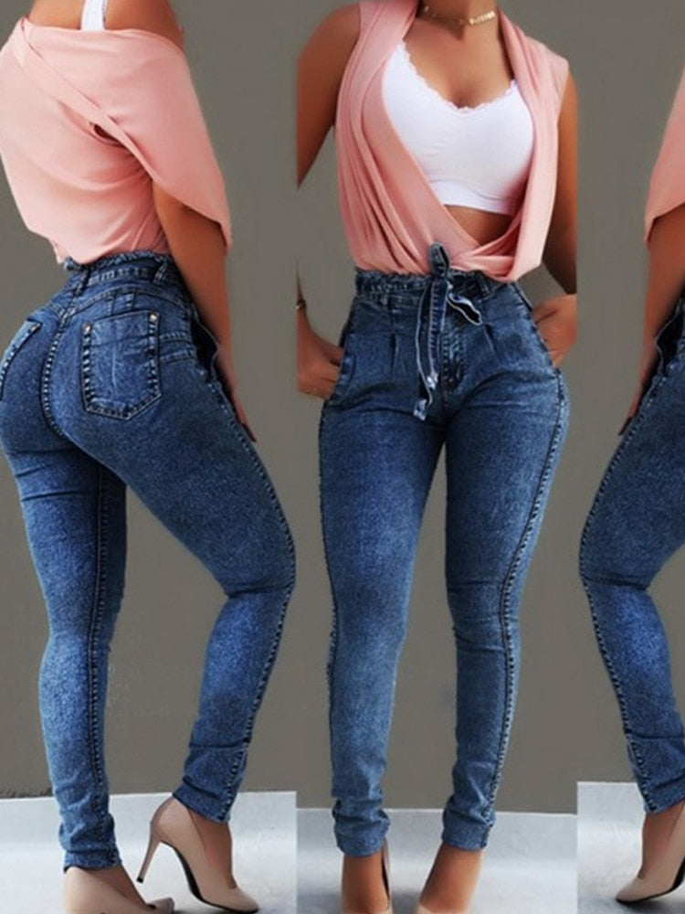 High Waist Jeans For Women Slim Stretch Denim Jean Bodycon Tassel Belt