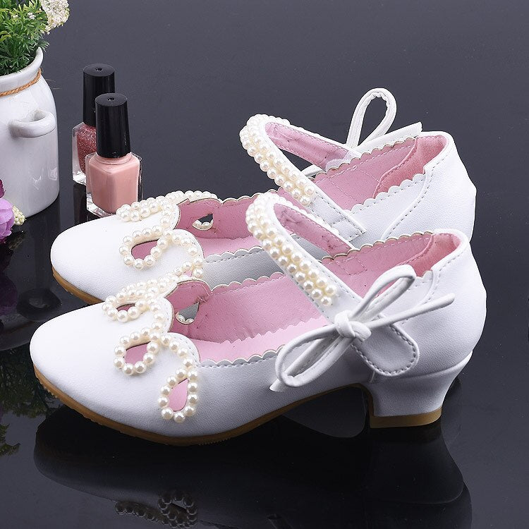Princess Kids Leather Shoes for Girls High Heels Beaded Children