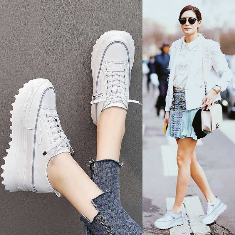 Genuine Leather Platform Wedge Shoes Chunky Sneaker White Casual Shoes Comfortable