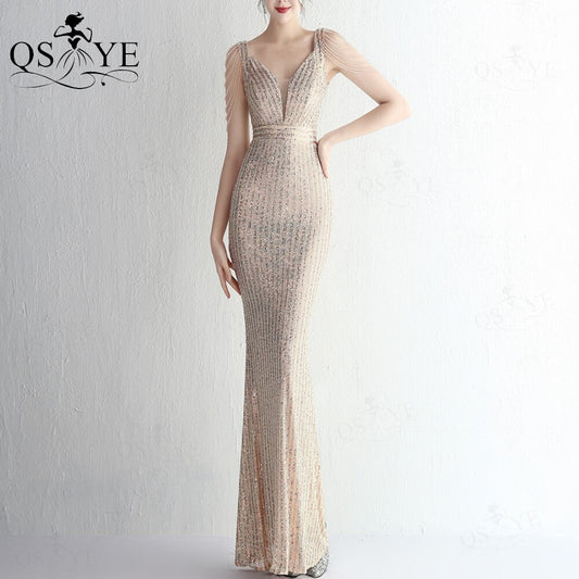 Homecoming Dresses: Prom Dresses V Neck Fitted Evening Gown Beading