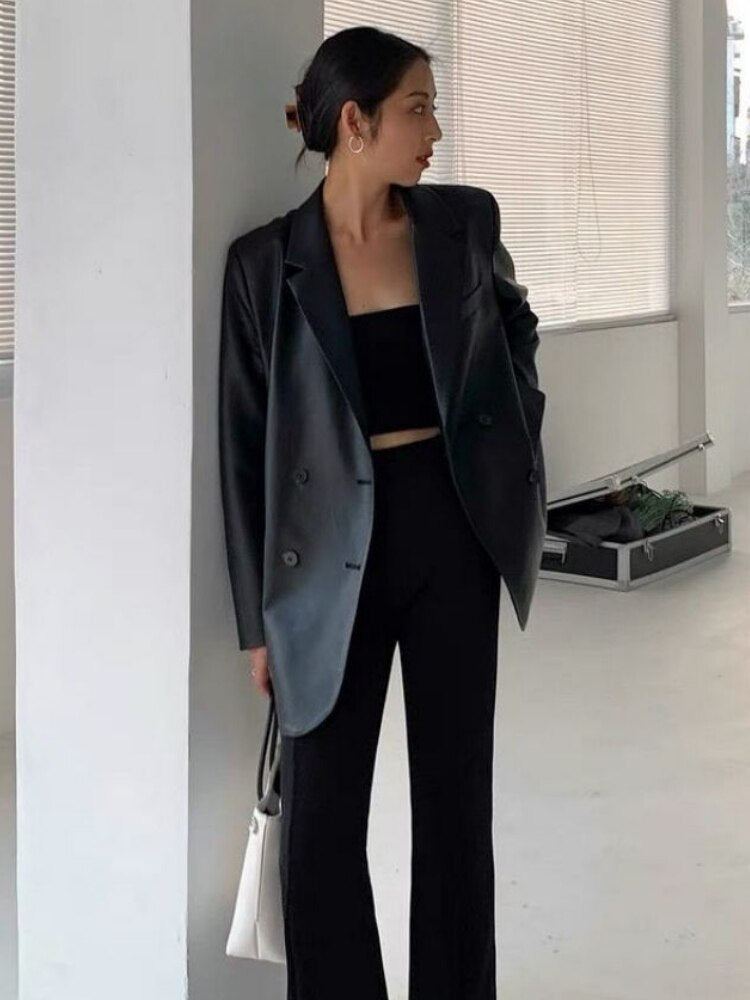 Black Leather Moto Jacket Vintage Warm Female Loose Leather Suit