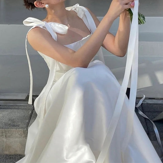 White Bridesmaid Dresses: Wedding Dress Square Collar Floor-length A-line Satin