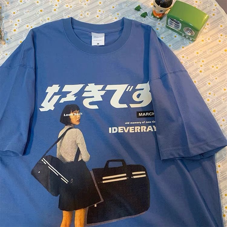 Short Sleeve Cotton T-shirt Girl Japanese Kanji Graphic Oversize Tshirt Women