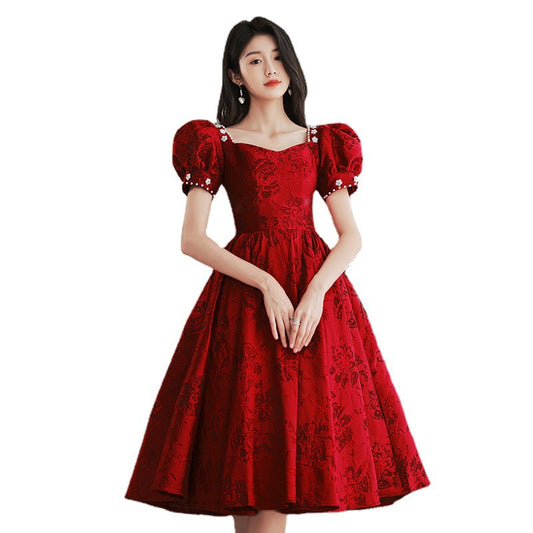 Jacquard Ball Gown Pearls Beading Puff Sleeve Princess Dress