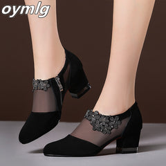 Summer Women High Heel Shoes Mesh Breathable Pumps Zip Pointed Toe Thick