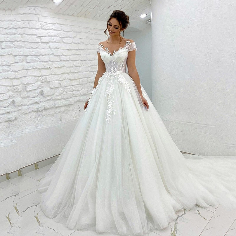 Wedding Dresses Off Shoulder 3D Lace Applique Ladies