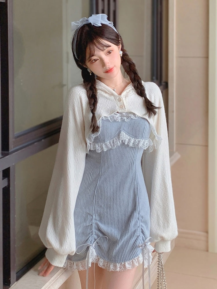 Lace Japanese Sweet Lolita Dress Women Bow Pink Kawaii Party Mini Dresses