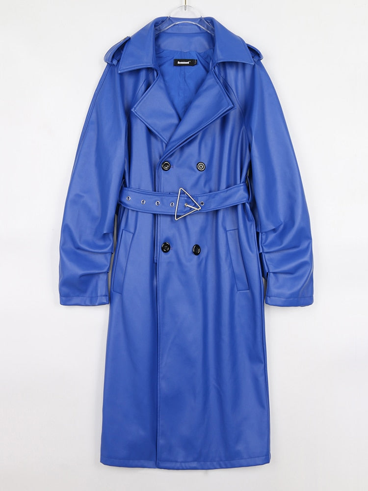 Spring Autumn Long Faux Leather Trench Coat for Women Belt Double