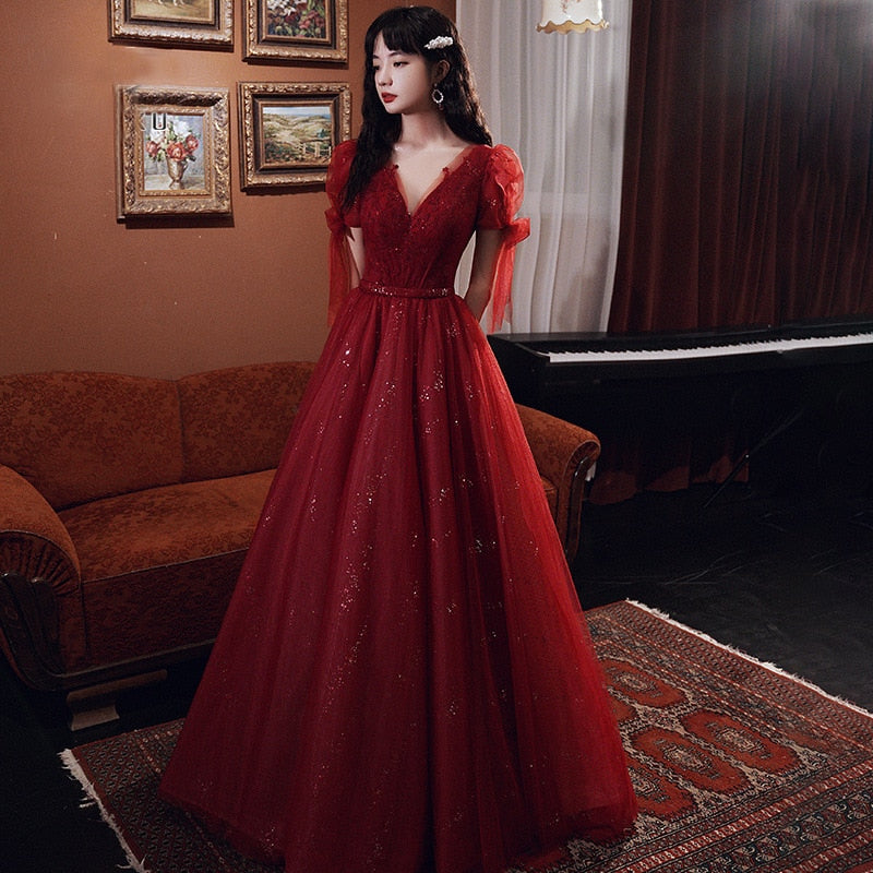 Homecoming Dresses: Wine Red Beading Tulle Prom Dress Vintage Women
