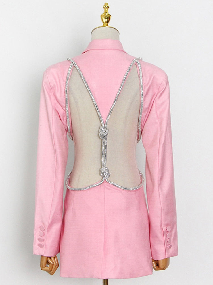Backless Diamond Blazer Tops Female Lapel Collar Long