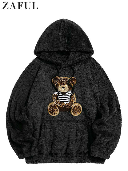 Hooded Hoodies for Men Fluffy Teddy Bear Pattern Sweatshirts