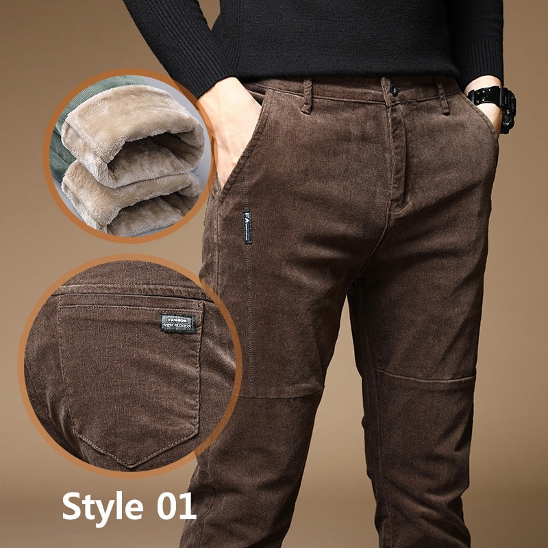 Winter Fleece Warm Corduroy Pants Men Stretch Thick Elastic Waist Fluff Pant
