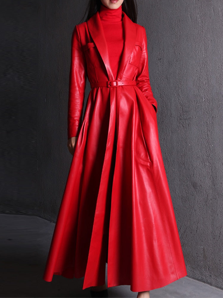 High Quality Red Black Maxi Pu Leather Trench Coat for Women Extra