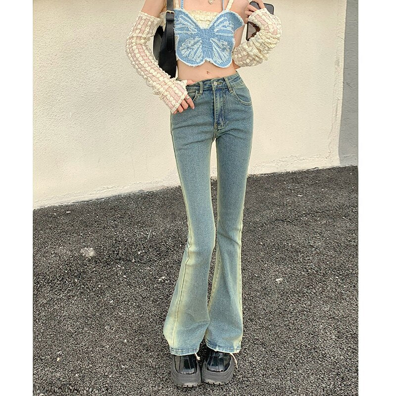 Elegant Flared Jeans Woman Low Waist Stretch Cotton Denim Pants