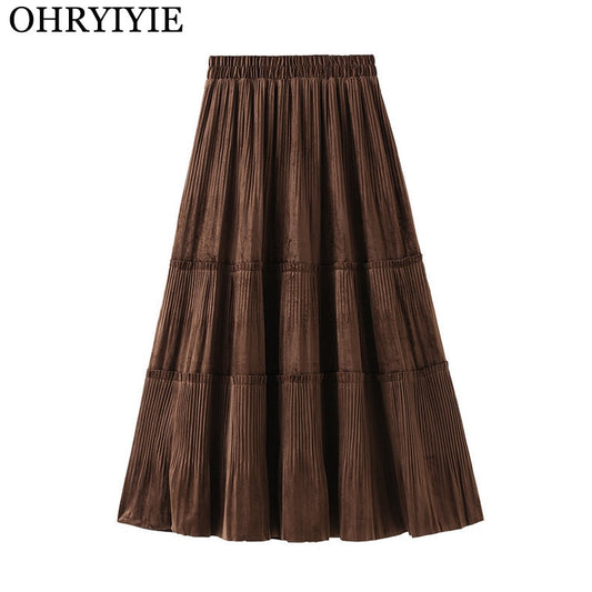 Solid Color Female Vintage Long Velvet Pleated Skirt Women Autumn