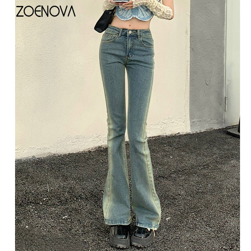 Elegant Flared Jeans Woman Low Waist Stretch Cotton Denim Pants