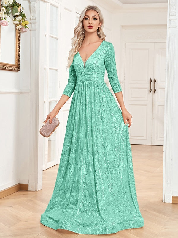 Evening wear Dresses: Women Beading Dress Long Prom Gowns V Neck Long Sleeves