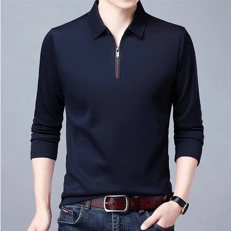 Men Solid Polo Shirt Lapel Long-sleeved Polos Shirt Zipper Collar