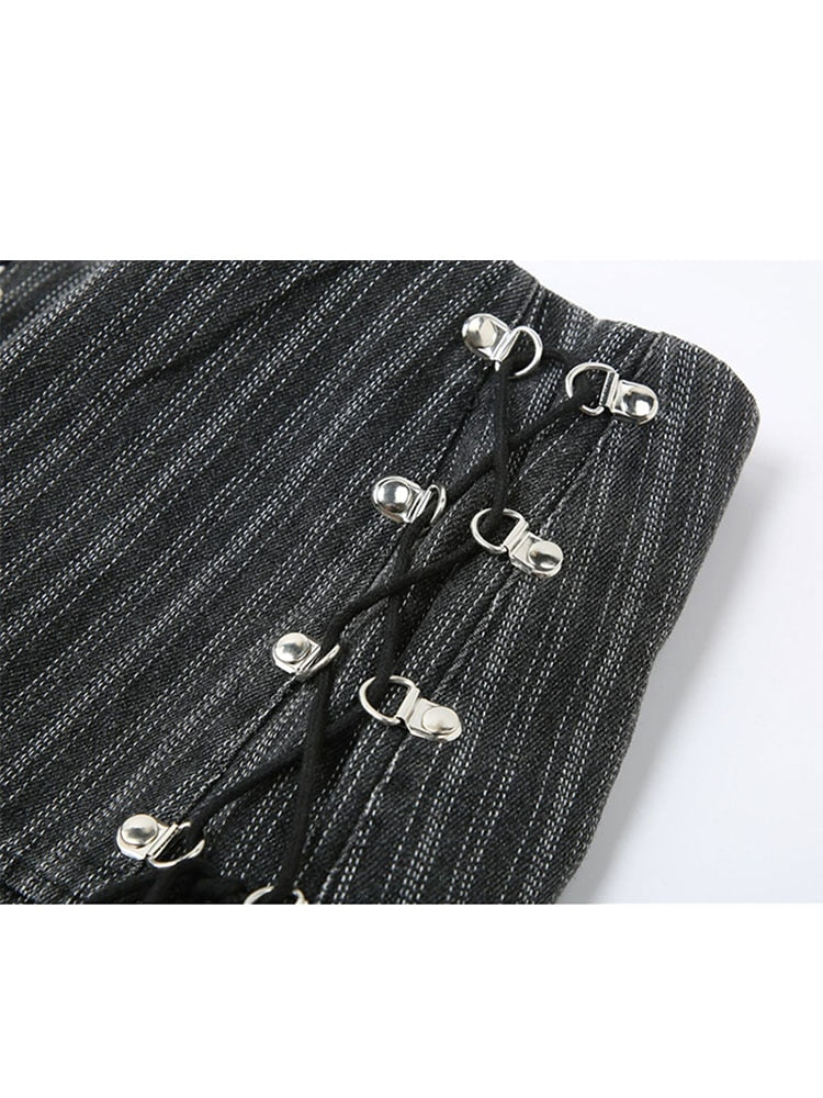 Pleated Skirt Women High Waist Grey Stripe Bandage Mini Skirts