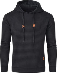 Men Hoodies Long Sleeve Plaid Jacquard Pullover Drawstring Solid Tracksuit