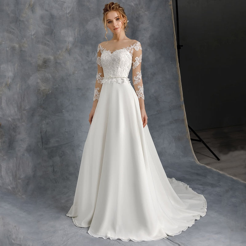 A-Line 3/4 Sleeve Wedding Dresses Sheer O-Neck Lace Appliques