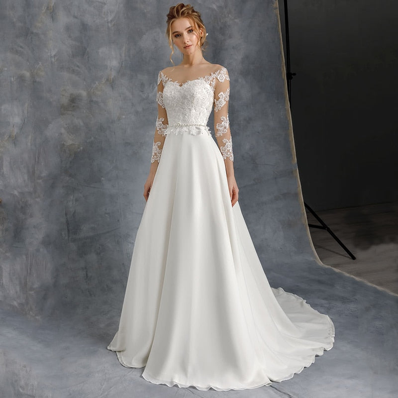 White Bridesmaid Dresses: A-Line 3/4 Sleeve Wedding Dresses Sheer O-Neck Lace
