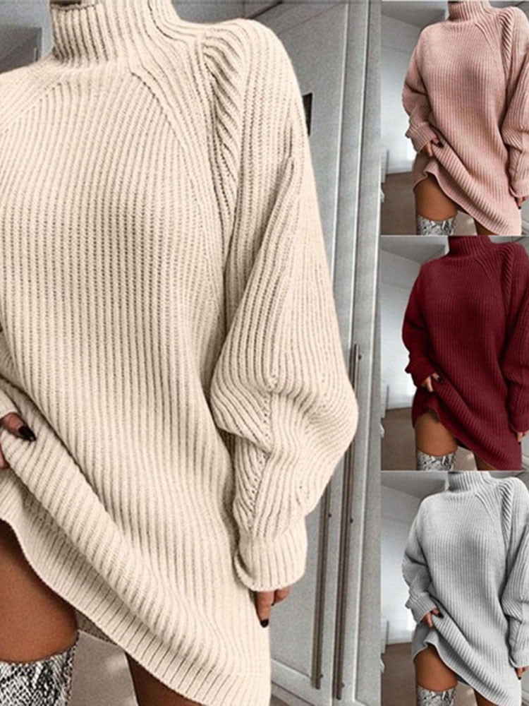 Women Turtleneck Oversized Knitted Dress Autumn Solid Long Sleeve Casual