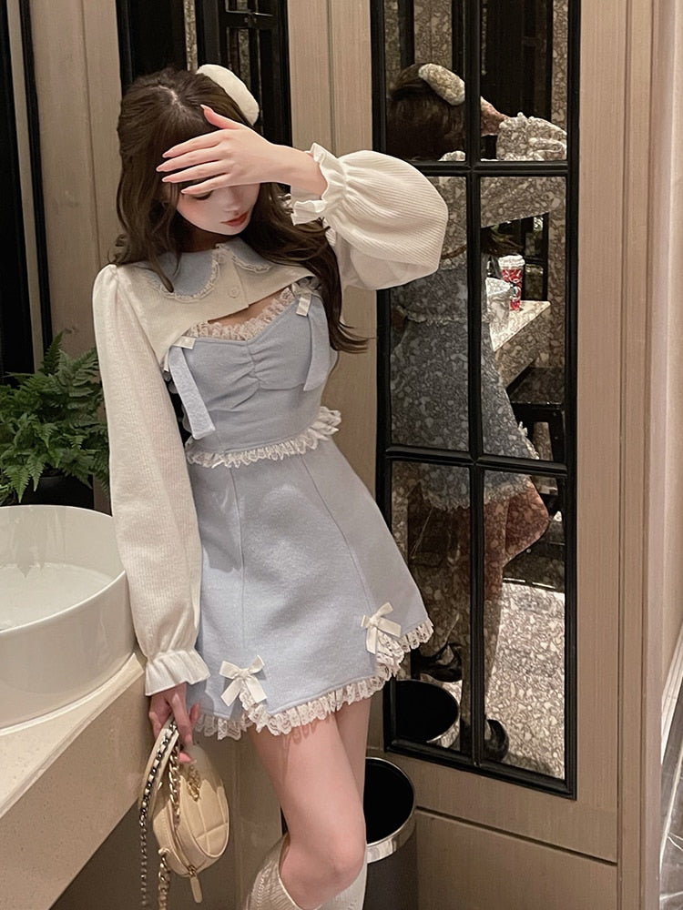 Lace Japanese Sweet Lolita Dress Women Bow Pink Kawaii Party Mini Dresses