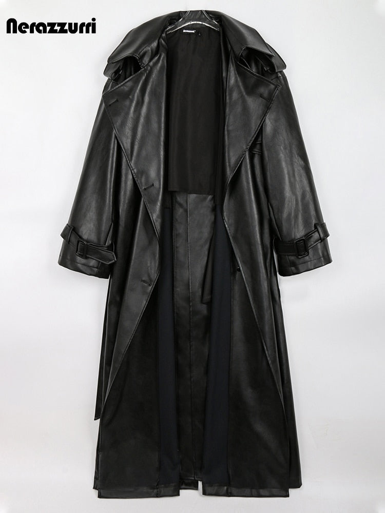 Spring Autumn Long Oversized Black Pu Leather Trench Coat