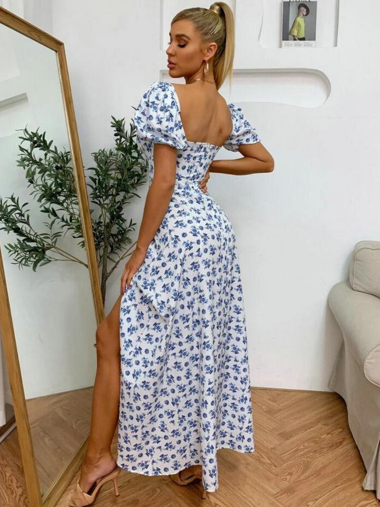 Floral Print Puff Sleeve Tie Front High Slit Dress Women Ruched Drawstring Party Long Dress