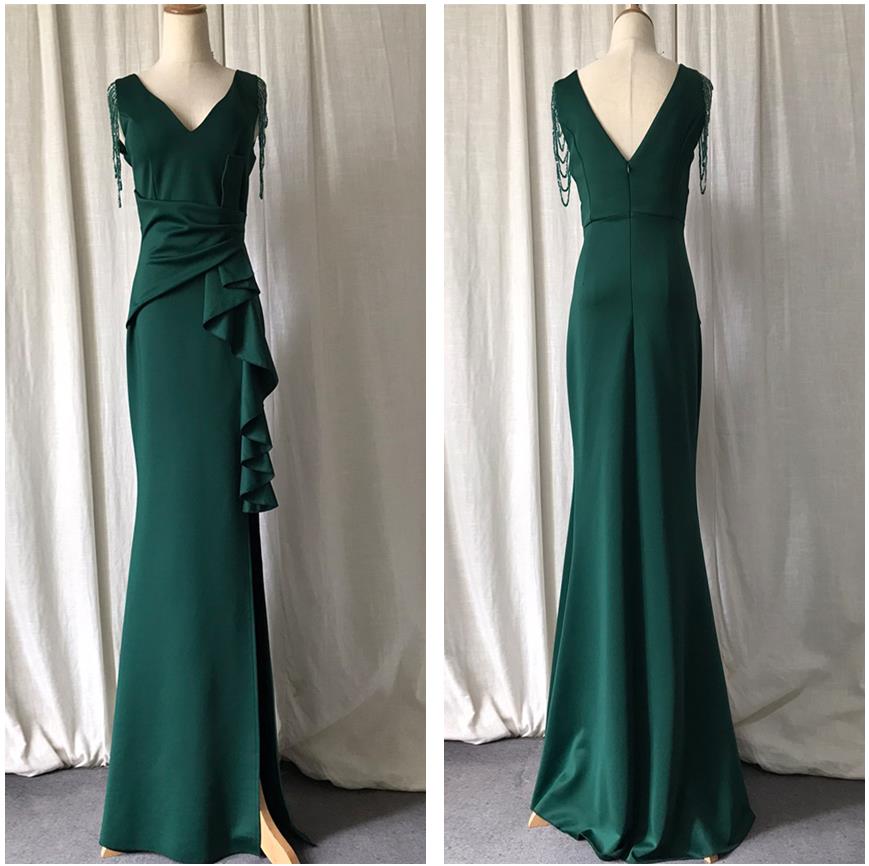 Homecoming Dresses: Prom Dress Stretch Ruffles Emerald Evening Dress V Neck Formal
