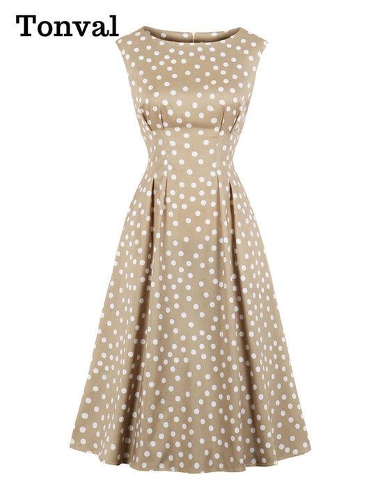 Tonval Khaki Color High Waist Elegant Polka Dot Women Vintage Long Dress
