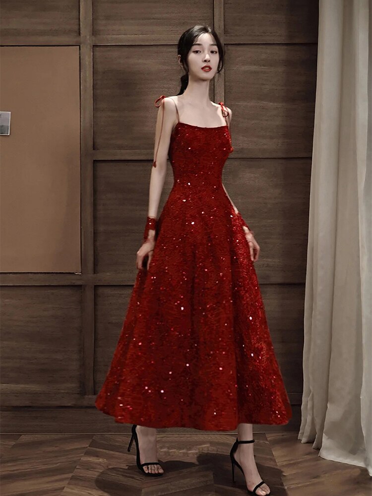 Burgundy Spaghetti Strap Women Prom Dress Elegant Sequins A-Line Birthday