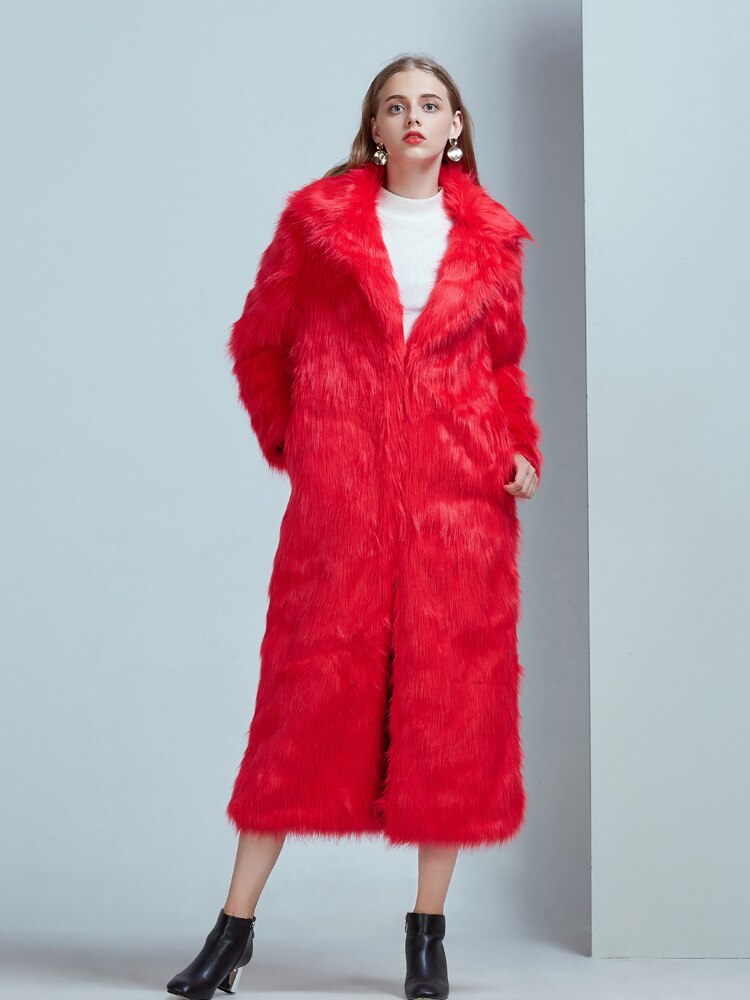 High Street Luxury Long Faux Fur Coat Women Vintage Slim Red Pink Faux fur