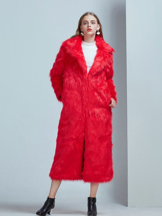 High Street Luxury Long Faux Fur Coat Women Vintage Slim Red Pink Faux fur