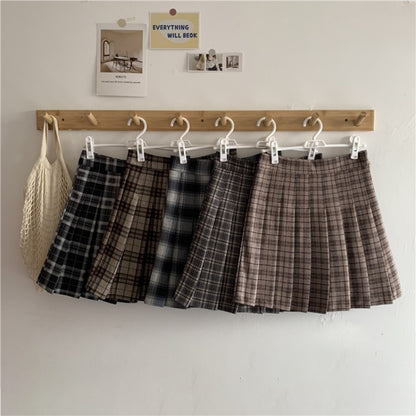Korean Style Plaid Pleated Skirt Female Spring and Autumn High Waist Thin A-line