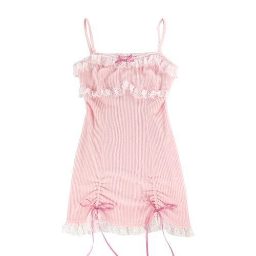 Lace Japanese Sweet Lolita Dress Women Bow Pink Kawaii Party Mini Dresses