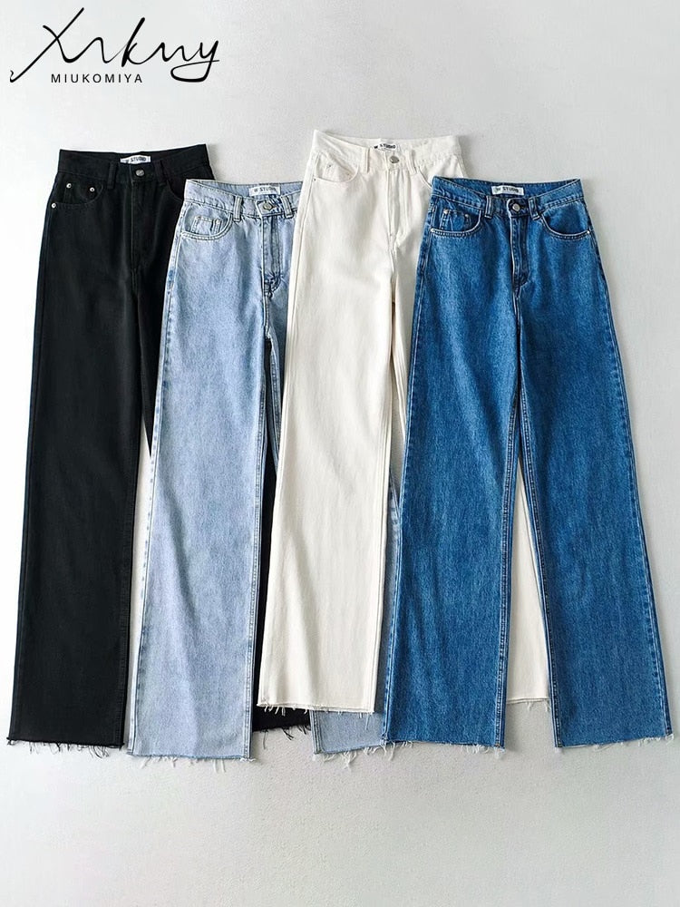 Straight Jeans Women High Waist Streetwear Light Blue Boyfriend Denim