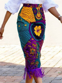 Women Summer Print Skirt Vintage Floral African Fashion High Waist Tassel Classy