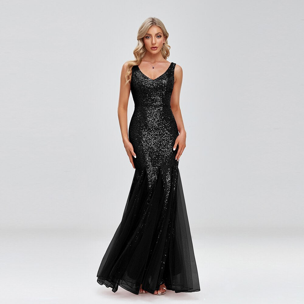 Evening wear Dresses: Women Elegant Double V-neck Cocktail  Dress Mermaid