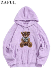 Hooded Hoodies for Men Fluffy Teddy Bear Pattern Sweatshirts