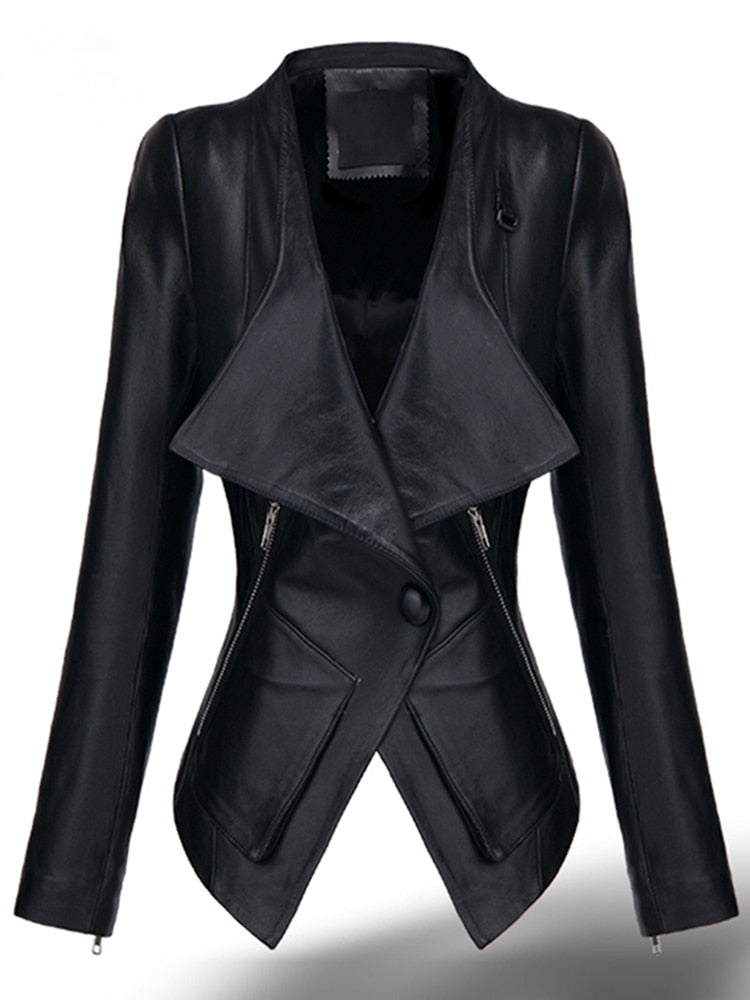 Spring Short Red Black Leather Jacket Long Sleeve Single Button Slim