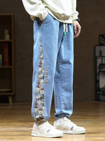 Men Jeans Baggy Pants Fashion Bear Patchwork Wide