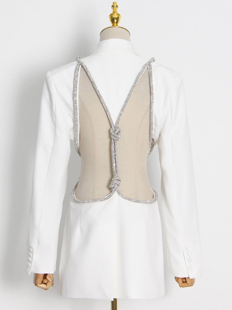 Backless Diamond Blazer Tops Female Lapel Collar Long