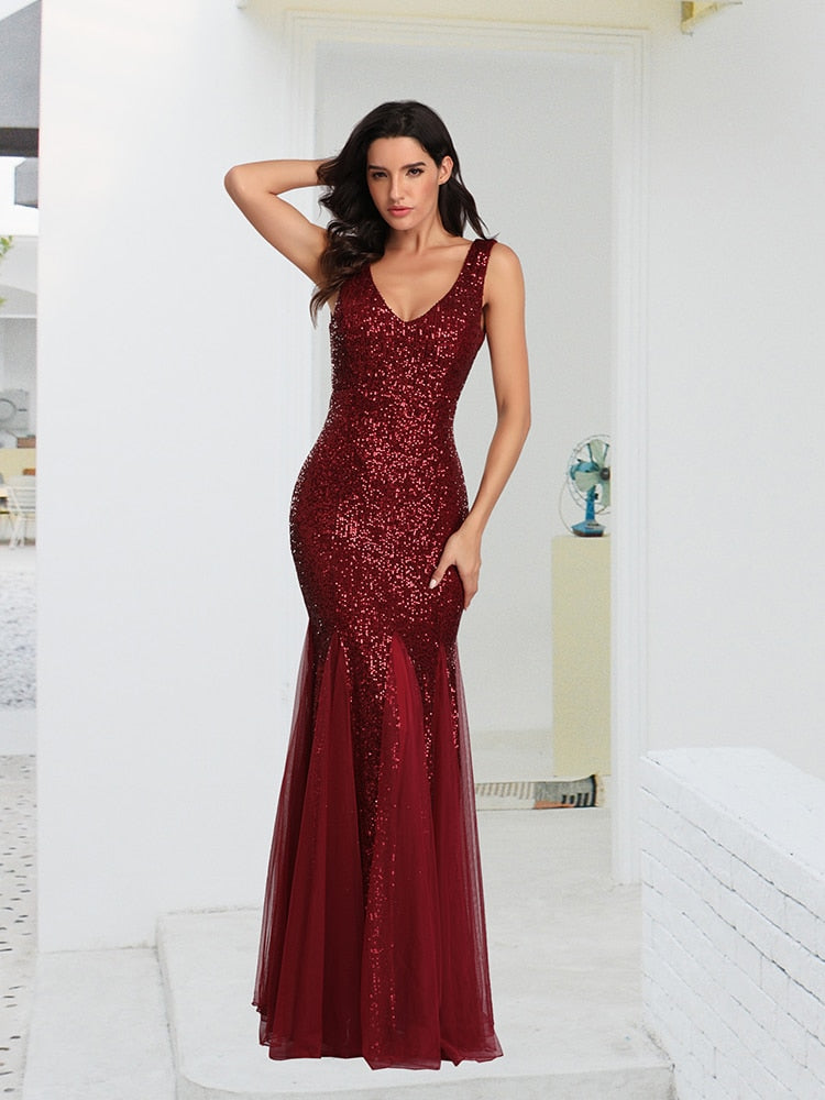 Evening wear Dresses: Women Elegant Double V-neck Cocktail  Dress Mermaid
