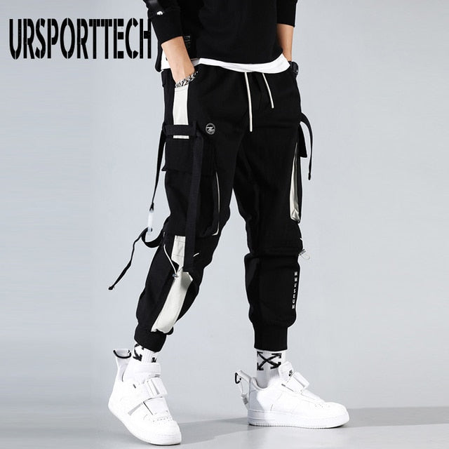 Hip Hop Joggers Men Letter Ribbons Cargo Pants Pockets Track Tactical Casual